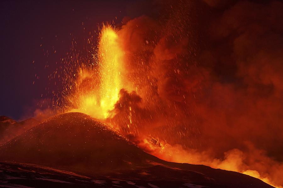 Mount Etna Erupting At Night, 2012 Photograph By Science Photo Library 