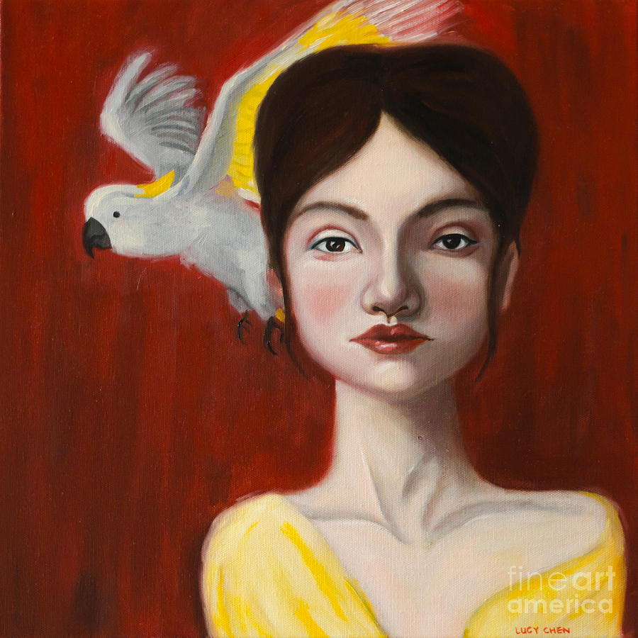 Portrait Painting - Natalie and Her White Bird #2 by Lucy Chen