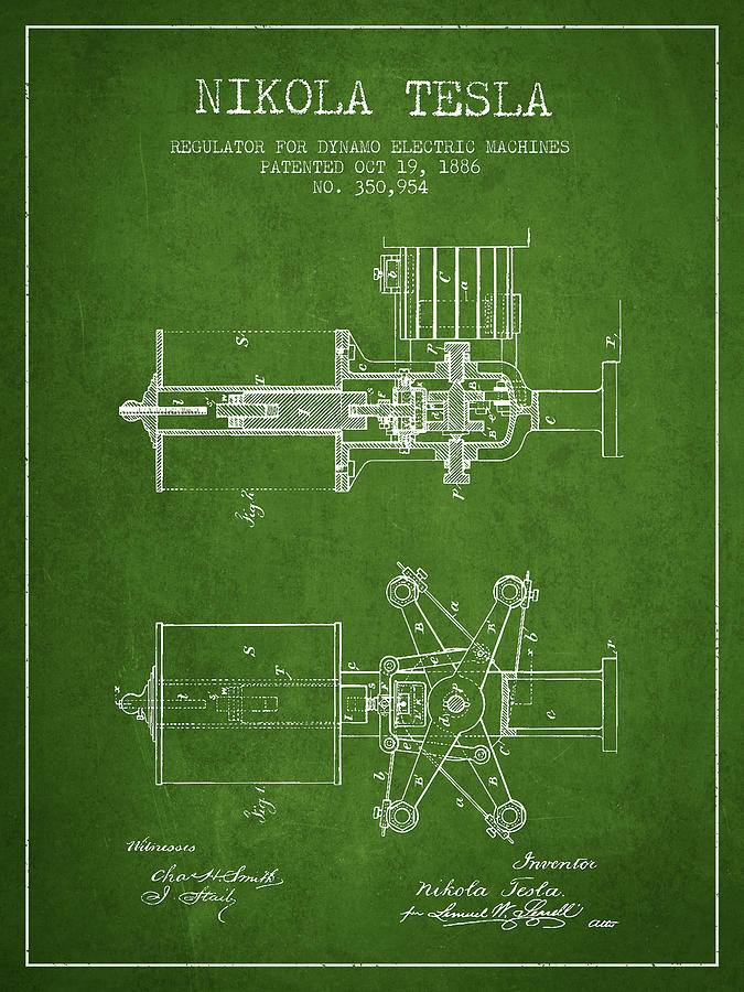 Nikola Tesla Patent Drawing From 1886 - Green Digital Art by Aged Pixel ...