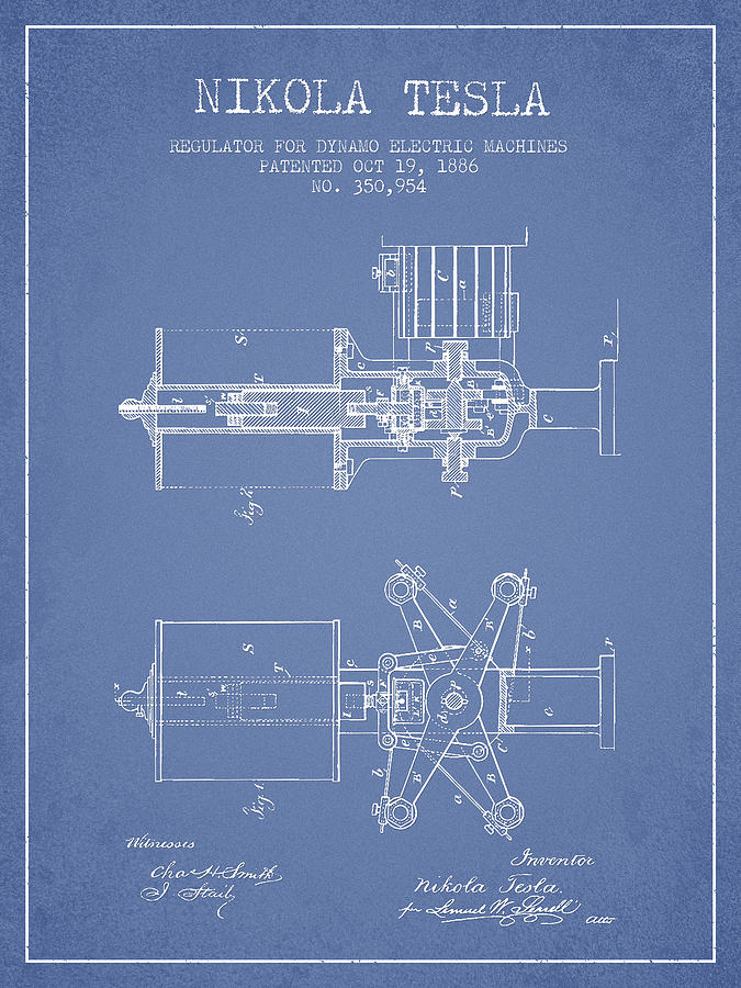 Tesla Digital Art - Nikola Tesla Patent Drawing From 1886 - Light Blue by Aged Pixel