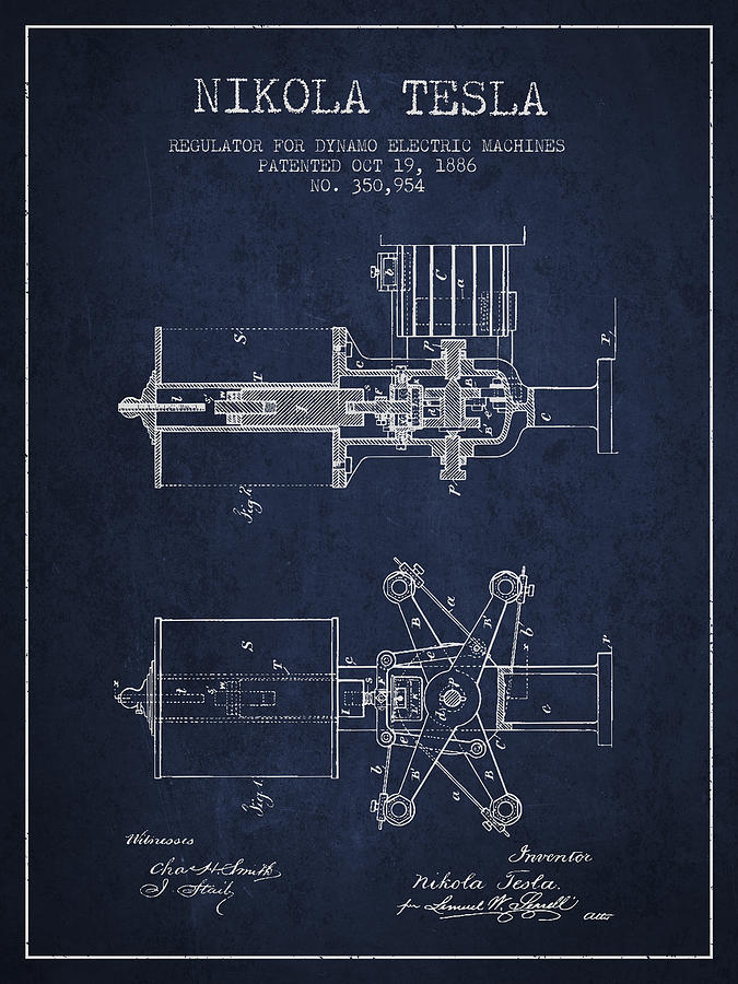 Vintage Digital Art - Nikola Tesla Patent Drawing From 1886 - Navy Blue #2 by Aged Pixel