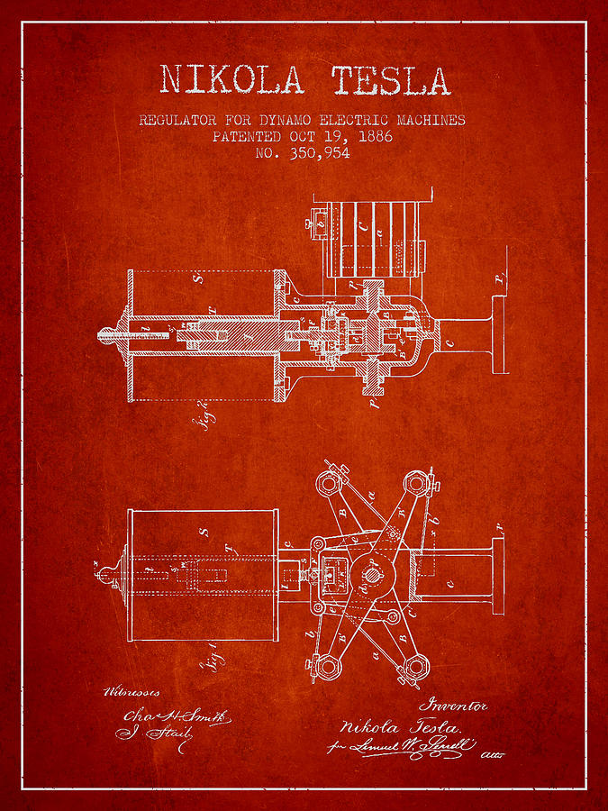 Nikola Tesla Patent Drawing From 1886 - Red Digital Art by Aged Pixel ...