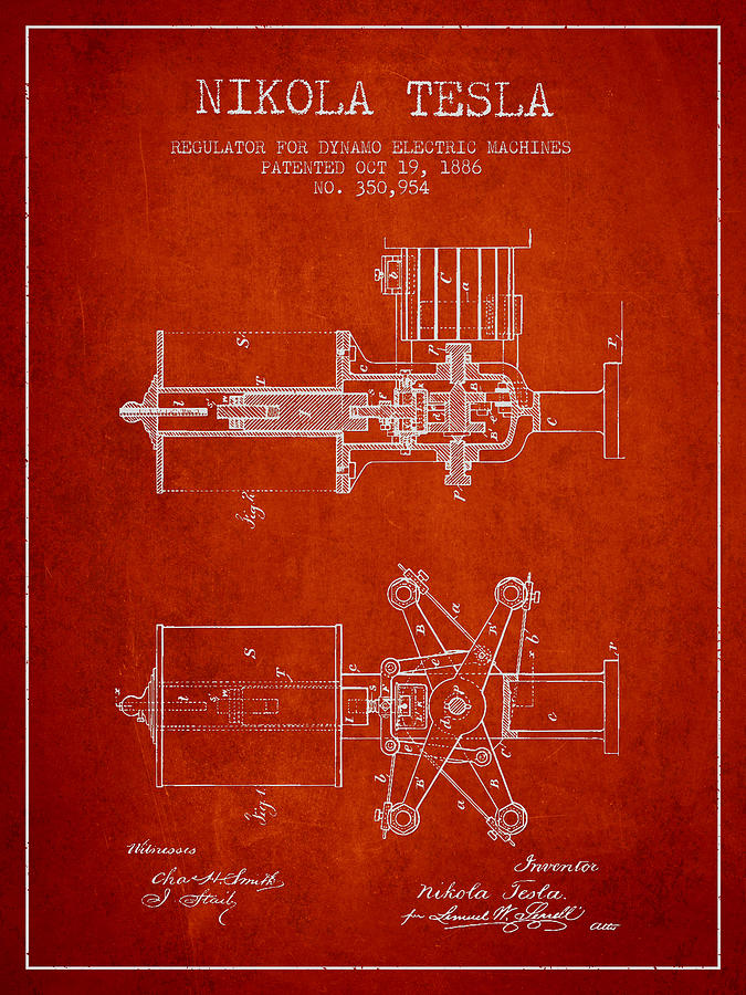 Tesla Digital Art - Nikola Tesla Patent Drawing From 1886 - Red by Aged Pixel