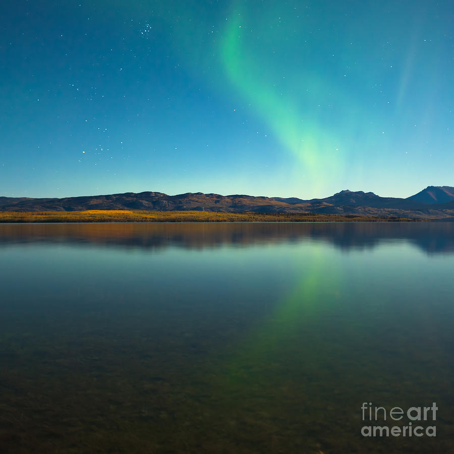 Northern lights and fall colors at calm lake Photograph by Stephan Pietzko