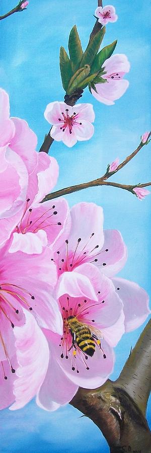 #2 of Diptych Peach Tree in Bloom #2 Painting by Sharon Duguay