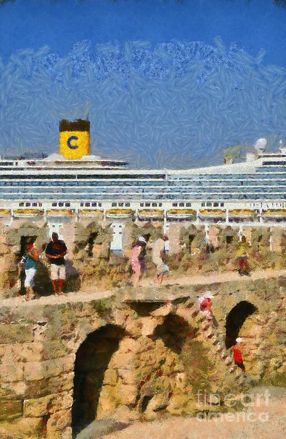 Old fortification and cruise ship #1 Painting by George Atsametakis