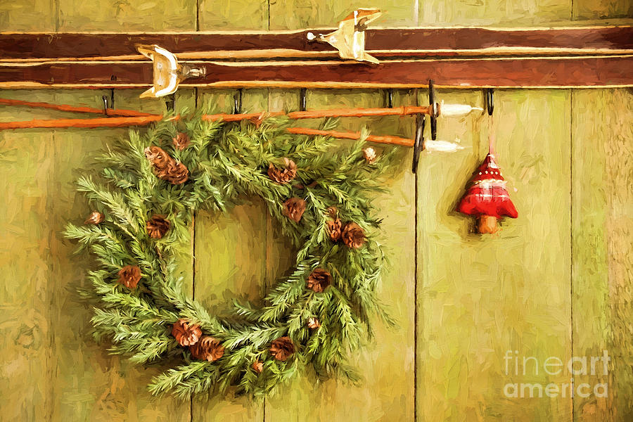 Christmas Photograph - Pair of skis hanging with wreath against green/ Digital painting by Sandra Cunningham