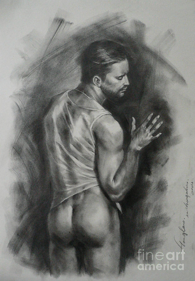 Original Drawing Sketch Charcoal Chalk Male Nude Gay Man Art Pencil On Paper By Hongtao #1 Painting by Hongtao Huang