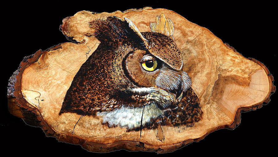 Owl Pyrography - Owl on Oak Slab #2 by Ron Haist