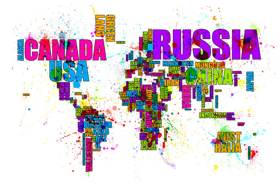Paint Splashes Text Map of the World #2 Digital Art by Michael Tompsett