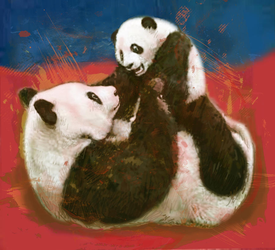Panda mum with baby - stylised drawing art poster #2 Drawing by Kim Wang