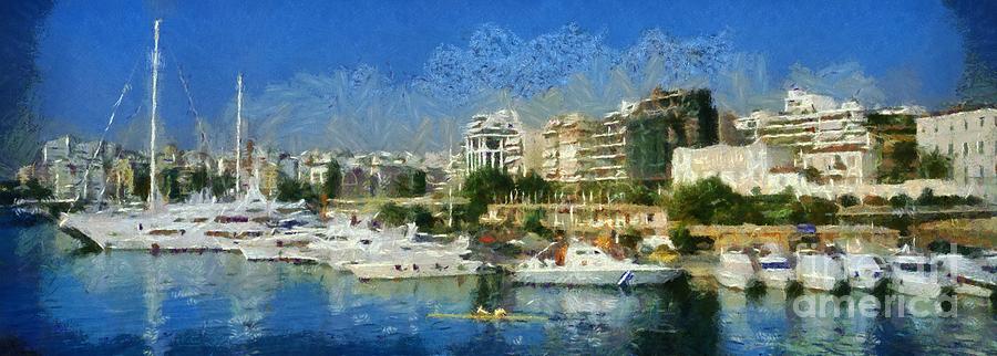 Skyline Painting - Panoramic painting of Pasalimani port #1 by George Atsametakis