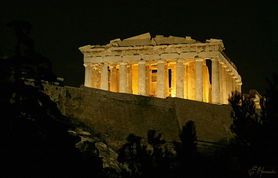 Parthenon At Night Painting