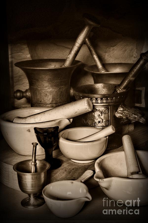 Pharmacy - Mortars and Pestles - black and white #2 Photograph by Paul Ward