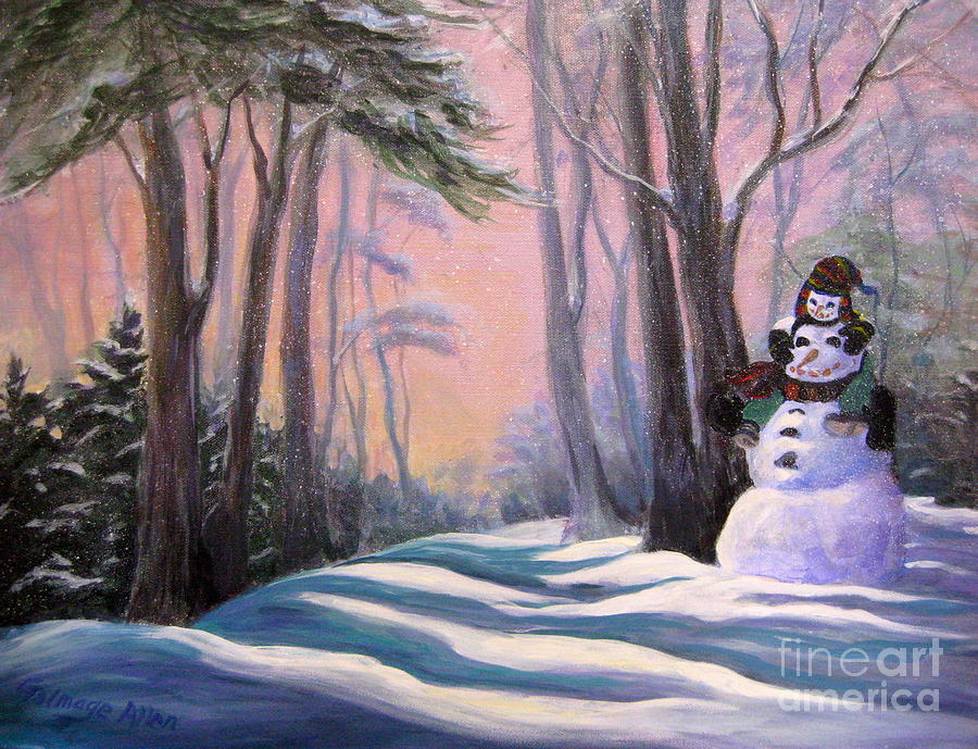 Piggyback Ride In Snow Painting by Gretchen Talmage Allen