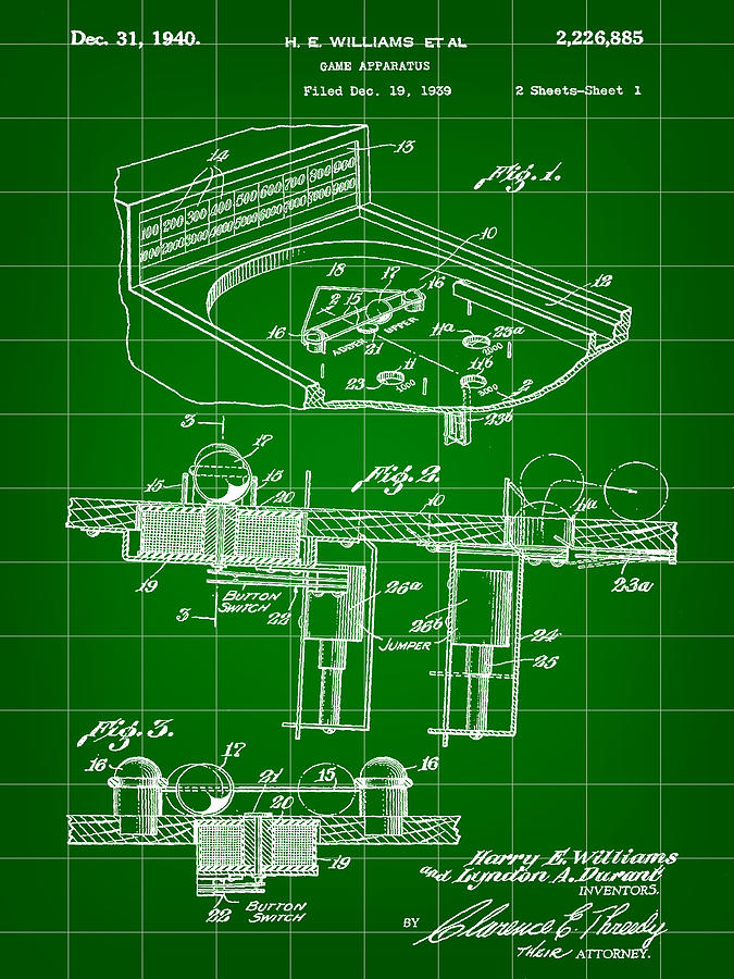 Elton John Digital Art - Pinball Machine Patent 1939 - Green by Stephen Younts