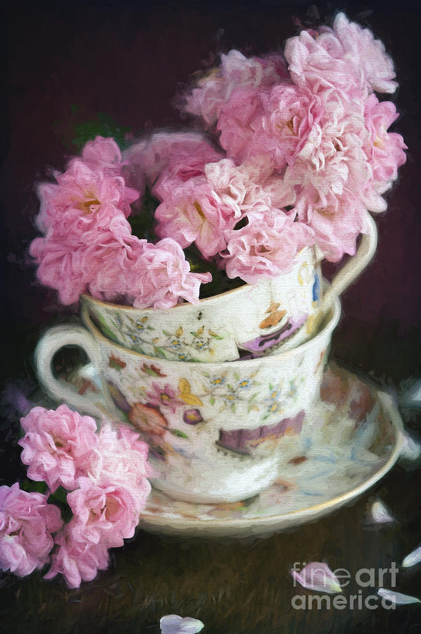 Pink Roses In Vintage China Tea Cups #2 Photograph by Lee Avison