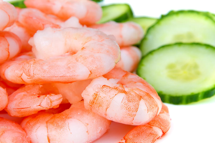 Cheese Photograph - Prawns and cucumbers on white #2 by Fizzy Image
