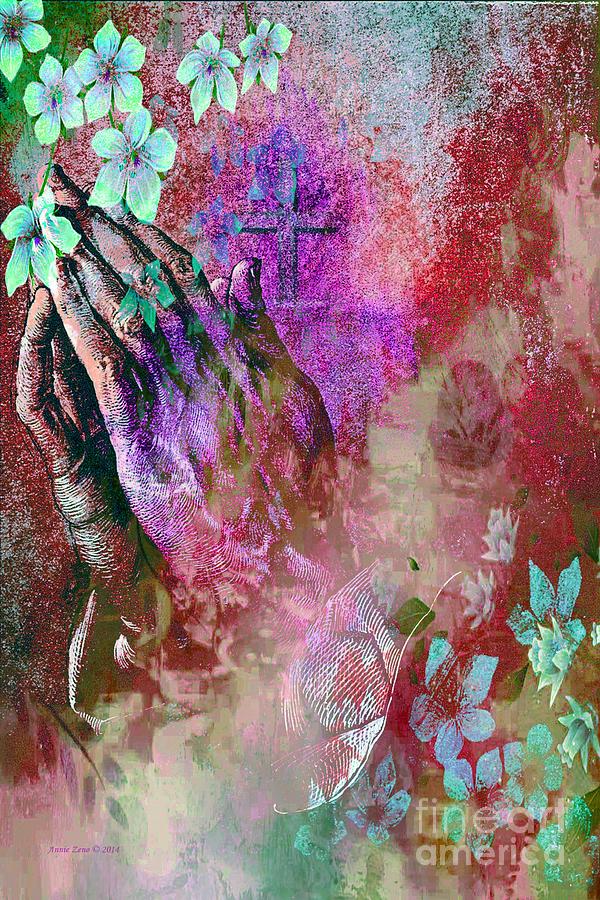 Praying Hands Flowers And Cross Painting by AZ Creative Visions