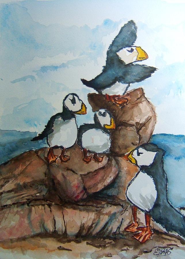 Puffins #2 Painting by Elaine Duras