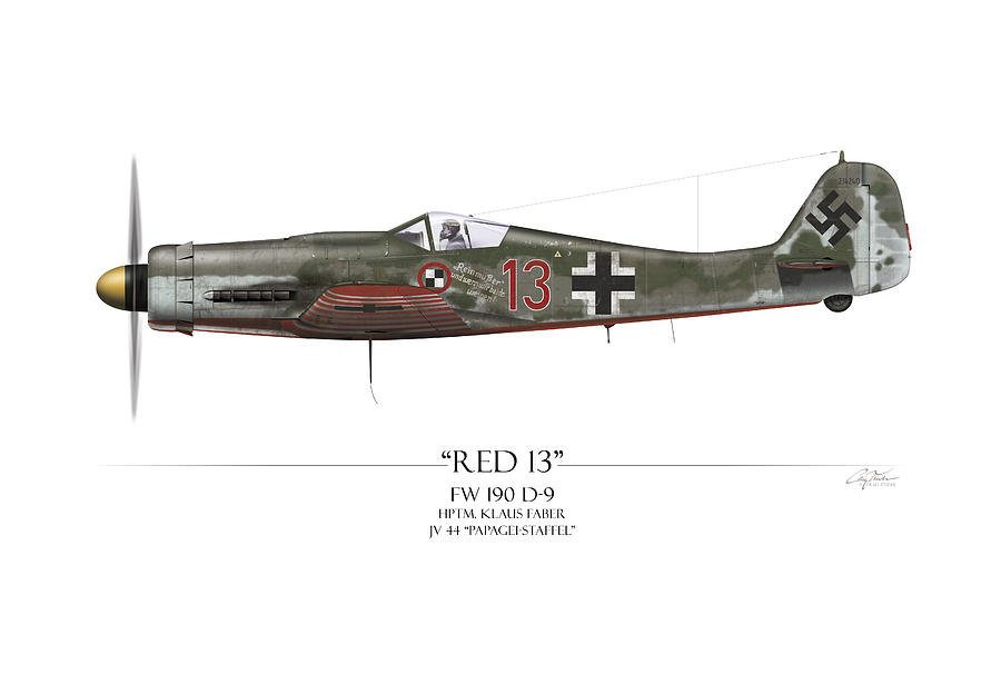 Airplane Painting - Red 13 Focke-Wulf FW 190D - White Background #2 by Craig Tinder