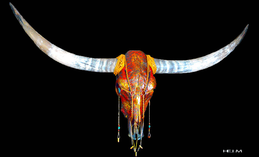 Red and Gold Illuminating Longhorn Skull #1 Mixed Media by Mayhem Mediums