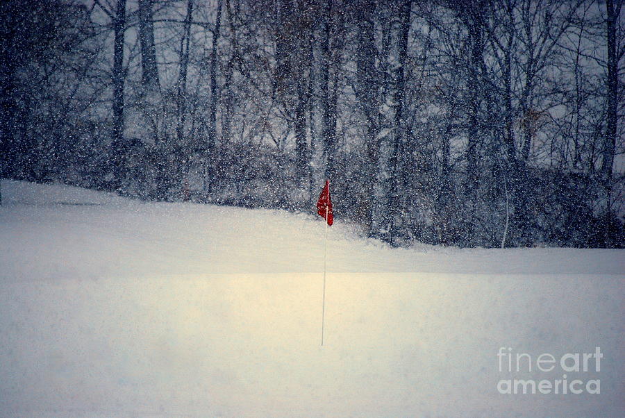 Winter Photograph - Red Flag on the Snow Covered Golf Course by Catherine Sherman