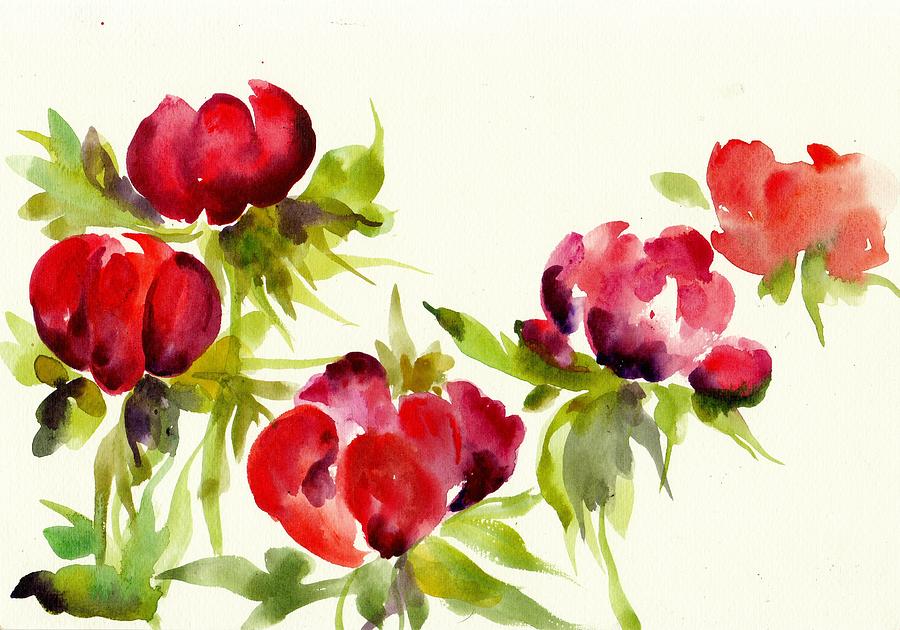 Red Peony With Leaf Watercolor Painting
