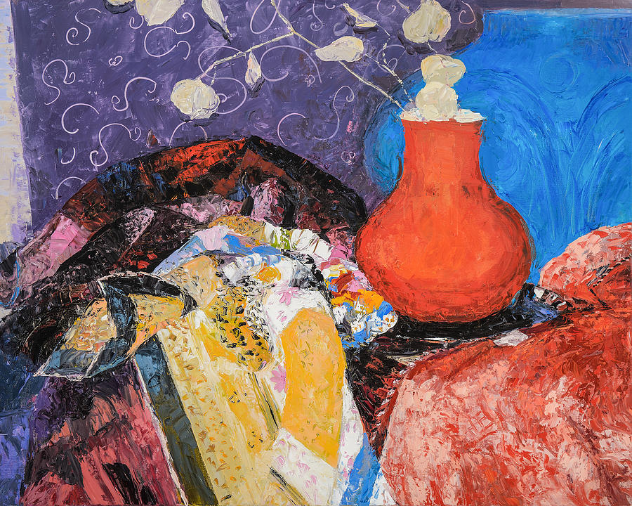 Red Vase Among Fabrics Painting by Judith Barath