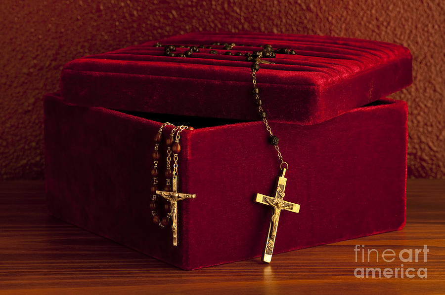 Red velvet box with cross and rosary #2 Photograph by Jim Corwin