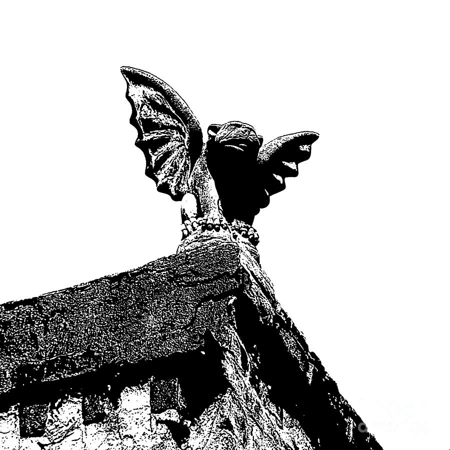 Rooftop Gargoyle Statue above French Quarter New Orleans Black and White Stamp Digital Art #2 Photograph by Shawn OBrien