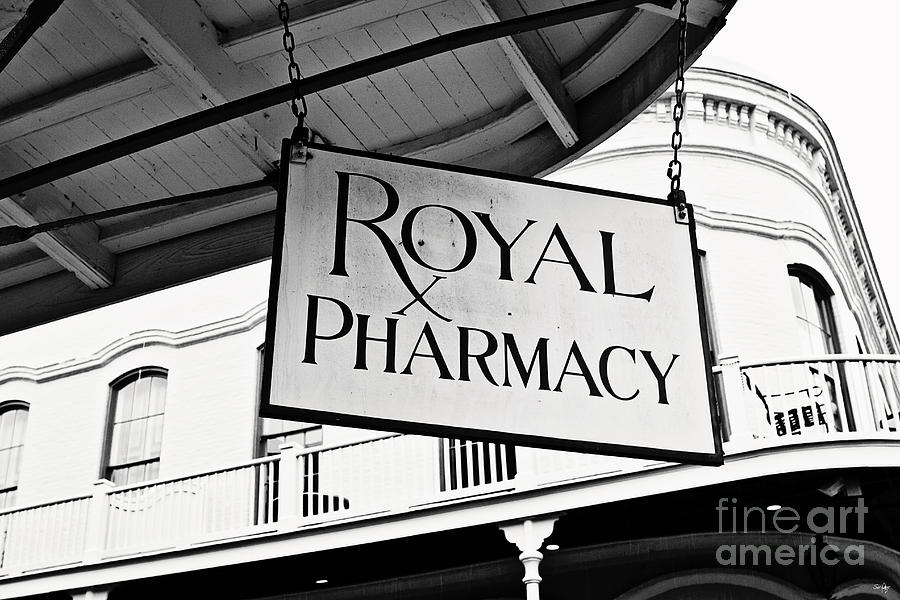 New Orleans Photograph - Royal Pharmacy Sign - BW by Scott Pellegrin