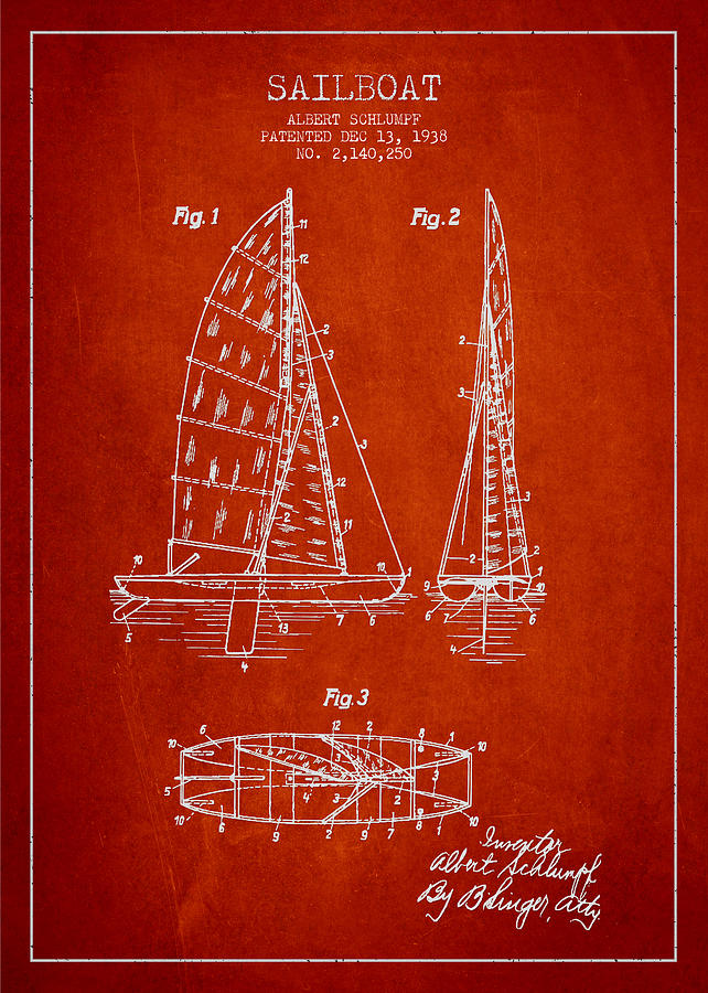 Vintage Digital Art - Sailboat Patent Drawing From 1938 #1 by Aged Pixel