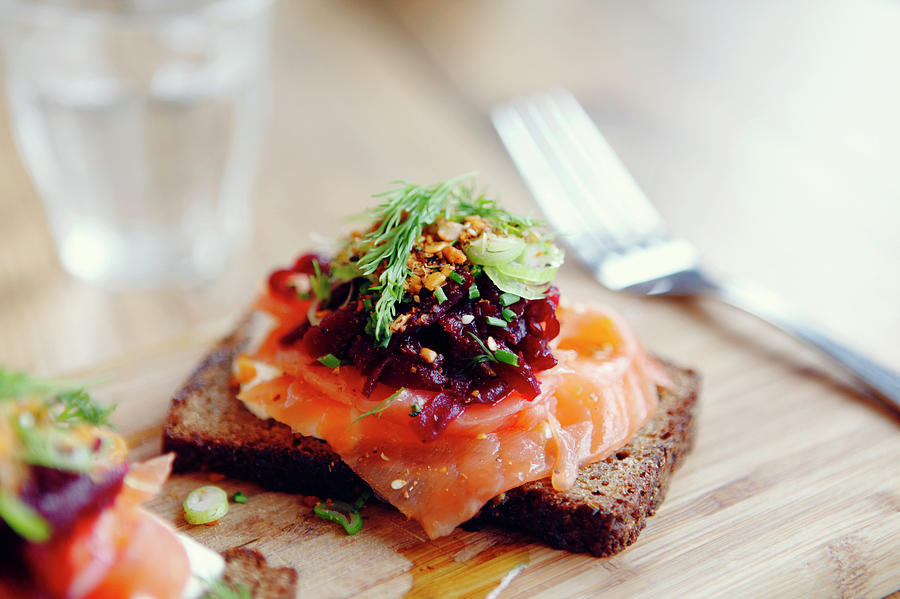 Salmon Tartine On Rye Bread On Wooden #2 Photograph by Jake Curtis