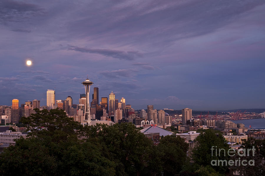 Seattle Skyline With Moonrise And Space Needle Photograph