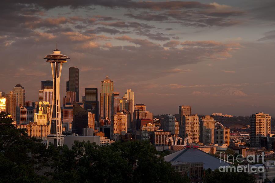 Seattle Skyline with Space Needle and stormy weather with Mount  #2 Photograph by Jim Corwin