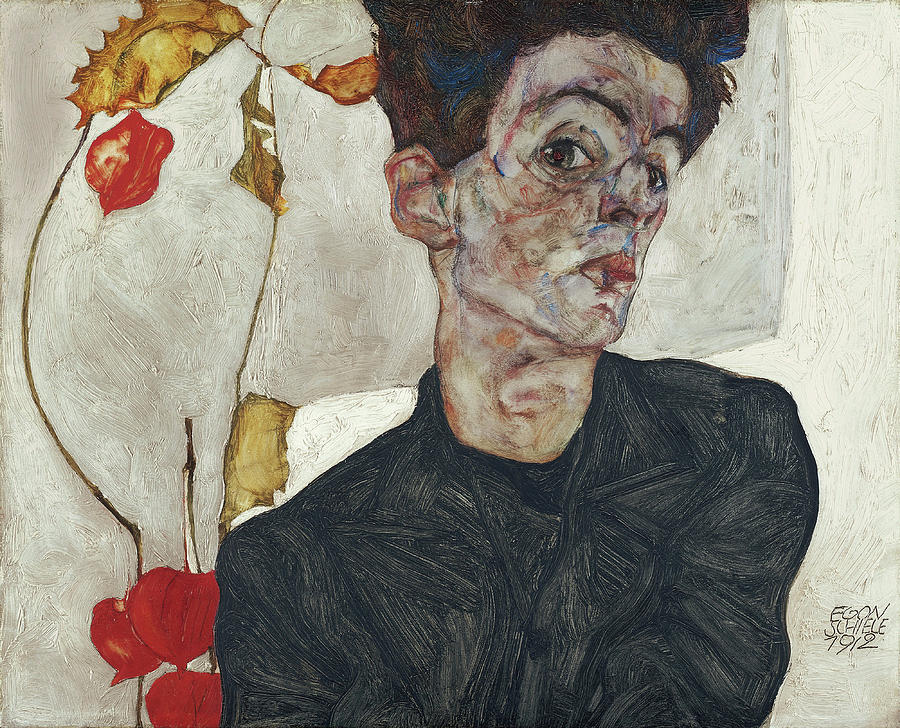 Self-Portrait with Physalis #2 Painting by Egon Schiele
