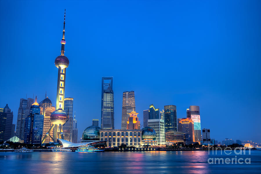 Skyline Photograph - Shanghai Pudong cityscape at night #2 by Fototrav Print