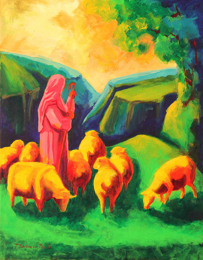 Sheep and Shepherd painting Bertram Poole #1 Painting by Thomas Bertram POOLE