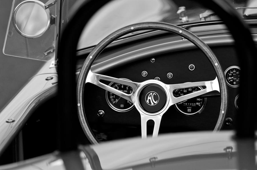 Black And White Photograph - Shelby AC Cobra Steering Wheel #2 by Jill Reger