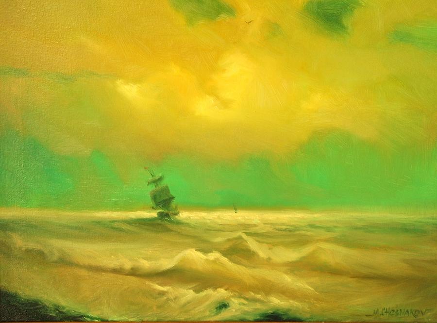 Boat Painting - Ship at Shore #2 by Michael Chesnakov