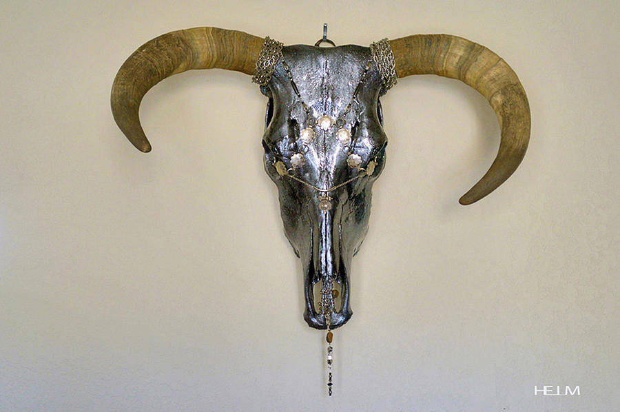 Silver and Black Illuminating Bull Skull #1 Mixed Media by Mayhem Mediums