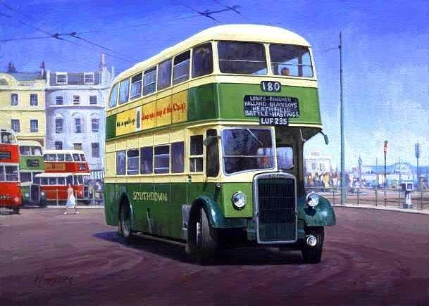 Southdown Leyland. Painting by Mike Jeffries