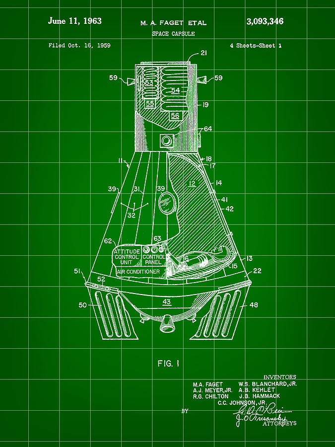 Space Digital Art - Space Capsule Patent 1959 - Green by Stephen Younts