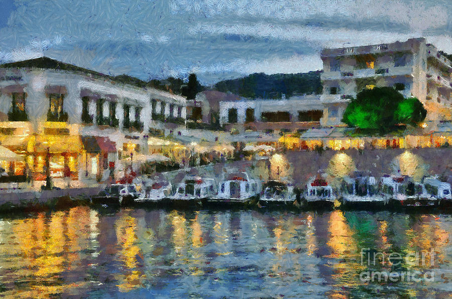 Spetses town during dusk time #1 Painting by George Atsametakis