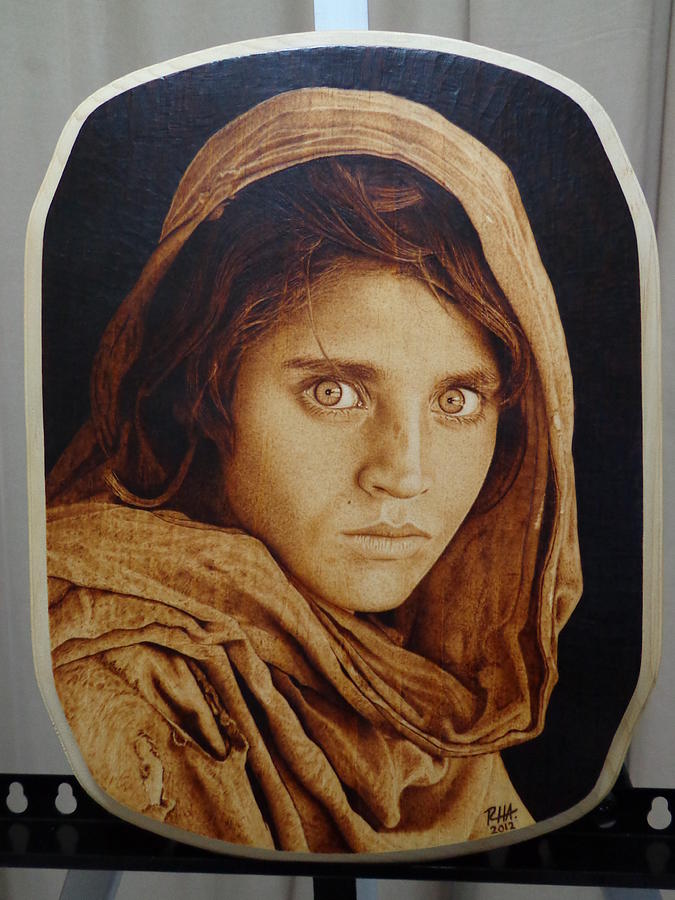 Steve McCurry Sharbat Gula Afghan Girl 1984 Pyrography Woodburning #2  Pyrography by Roberto Hernandez Adames - Fine Art America