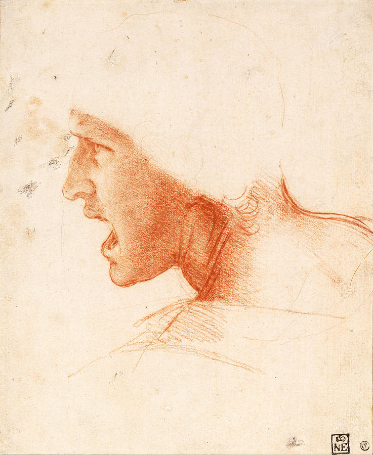 Study of a Warriors Head for the Battle of Anghiari #2 Drawing by Leonardo da Vinci