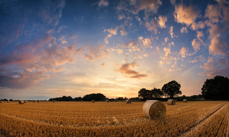 Sunset Photograph - Stunning Summer landscape of hay bales in field at sunset #2 by Matthew Gibson