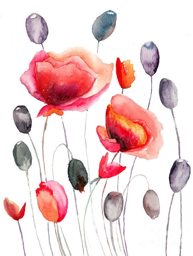 Stylized Poppy flowers illustration  #2 Painting by Regina Jershova