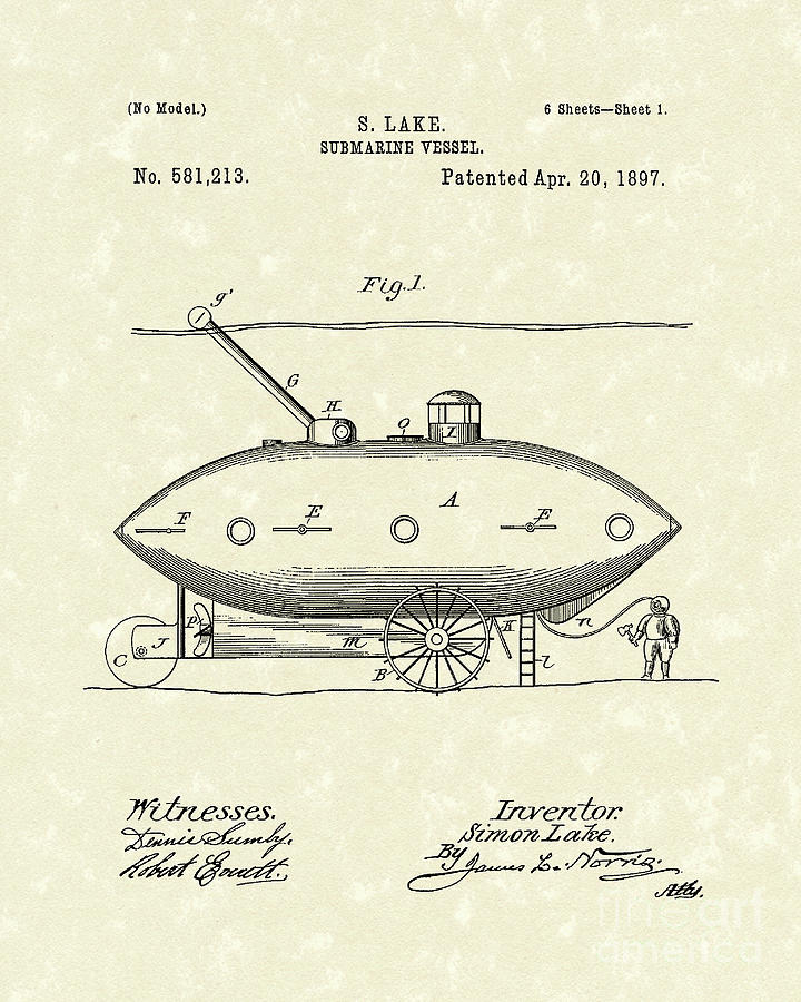 Submarine 1897 Patent Art #2 Drawing by Prior Art Design